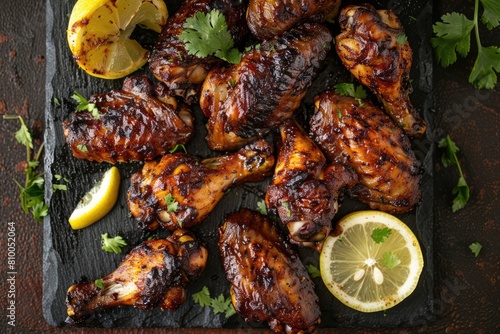 Delicious Jamaican Jerk Chicken Wings with Spices and Lemon Wedges, Top View Photo. Tasty Grilled