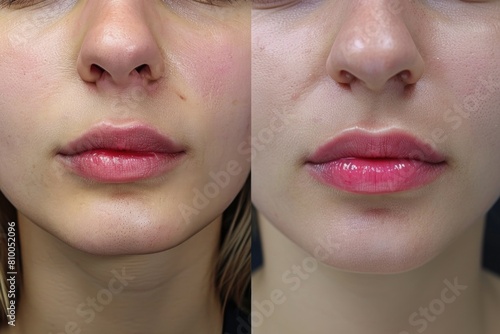 Woman's lips before and after a lip filler treatment, ideal for beauty and cosmetic industry promotions photo