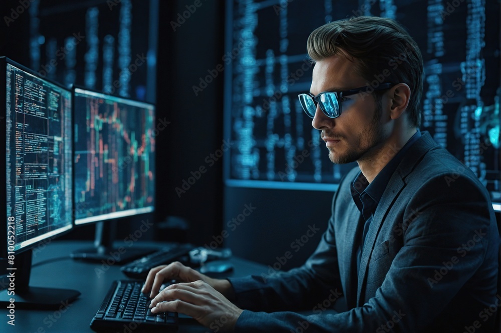 Programming coding and man with focus, hologram and trading with cyber security, futuristic and research. Male person, investor and employee with data analysis, server or investment with website info Programming coding and man with focus, hologram and trading with cyber security, futuristic and research. Male person, investor and employee with data analysis, server or investment with website info