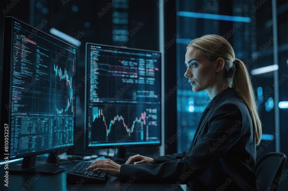 Programming coding and man with focus, hologram and trading with cyber security, futuristic and research. Male person, investor and employee with data analysis, server or investment with website info Programming coding and man with focus, hologram and trading with cyber security, futuristic and research. Male person, investor and employee with data analysis, server or investment with website info