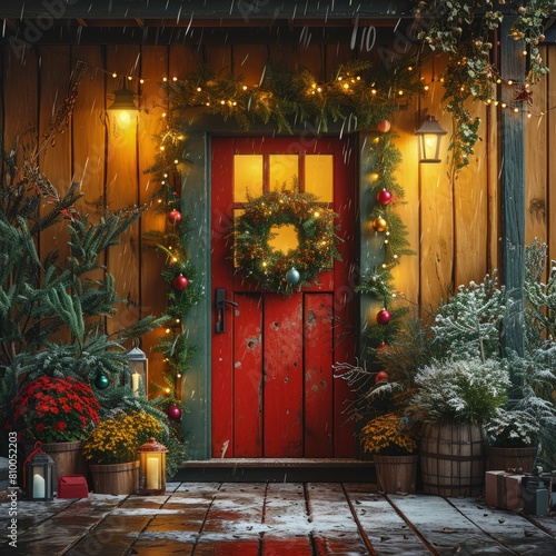 christmas door, 2d flat vector, color, minimalist, simple, flat vector illustration
