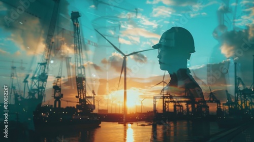 The image shows a person wearing a hard hat standing in front of a large wind turbine. The sun is setting in the background. photo