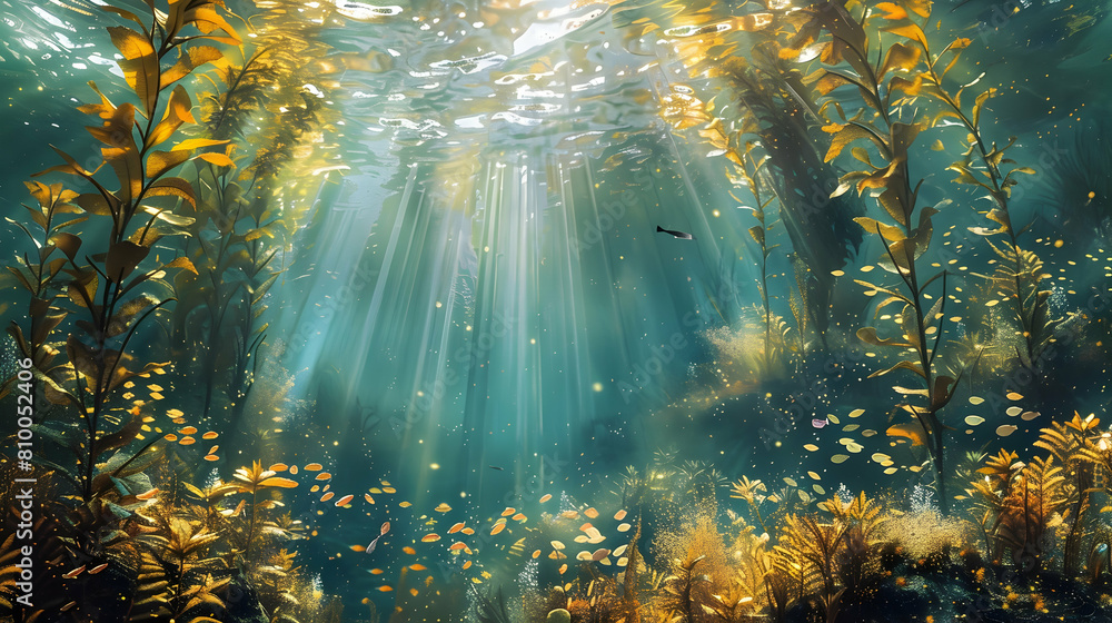 A serene underwater scene of a sunlit kelp forest, with rays of light filtering through towering kelp and a diverse array of marine life darting between the fronds A serene underwater scene of a sunlit kelp forest, with rays of light filtering through towering kelp and a diverse array of marine life darting between the fronds