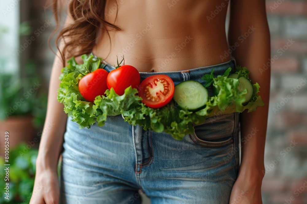 Fototapeta premium Girl with abs in jeans on vegan diet. Vegetable belt at waist. Concept of plant based nutrition, weight loss, veganism, vegetarianism. World eating action disorders day