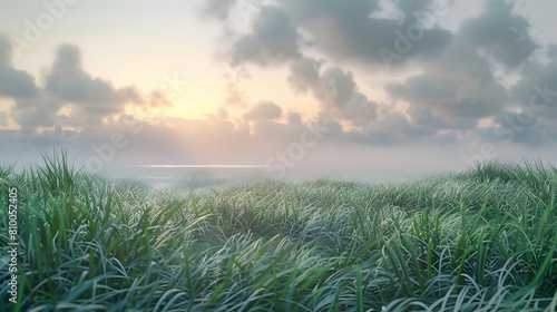 A serene  untouched sea grass bed at dawn  with the early light creating a mystical ambiance and highlighting the textures of the grass