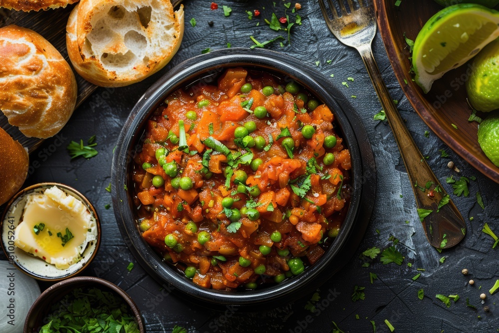 Delicious Mumbai Street Food: Spicy Pav Bhaji Curry with Buttered Bread - Close-up Top View