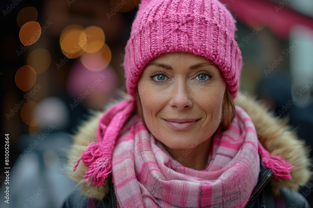 Caucasian woman 45s, cancer patient, wearing a pink hat and scarf, smiling with a positive look outside. With place for text. National cancer survivors day, world cancer day Caucasian woman 45s, cancer patient, wearing a pink hat and scarf, smiling with a positive look outside. With place for text. National cancer survivors day, world cancer day