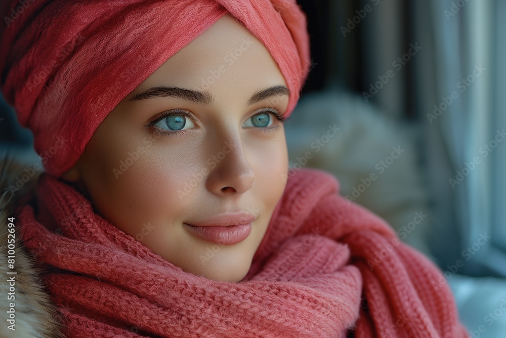 Woman 23s sick cancer, stays optimistic with smile, recovers. Pink headscarf on head and neck. With space for text. National cancer survivors day, world cancer day Woman 23s sick cancer, stays optimistic with smile, recovers. Pink headscarf on head and neck. With space for text. National cancer survivors day, world cancer day