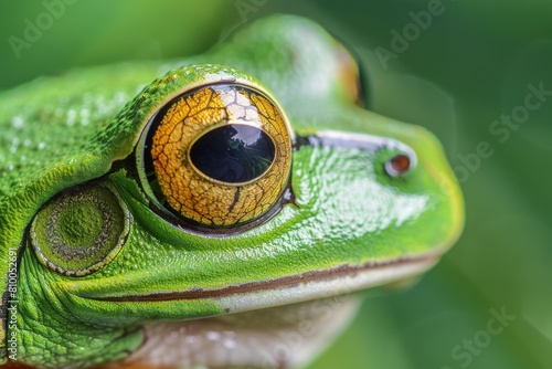 Cute American Green Tree Frog Closeup with Macro Eye and Profile. Selective Focus on Amphibian photo
