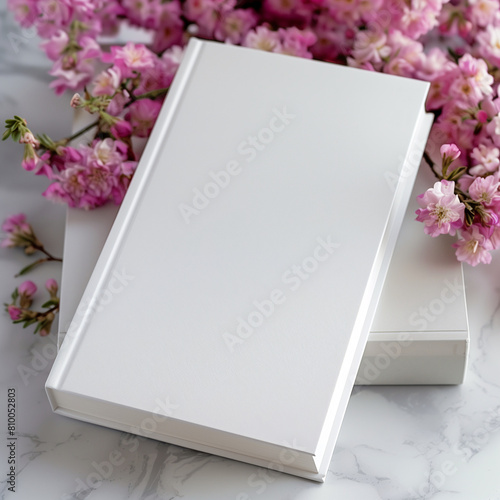 Mockup of a new book with blank white cover in modern neat style on small pink flowers and marble background. Square template for social media post for books and flowers.