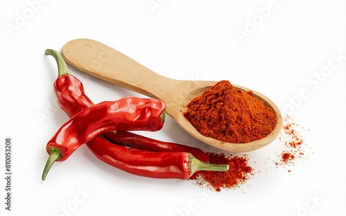 red ground paprika powder or dry chili pepper with wooden spoon isolated on white background photo