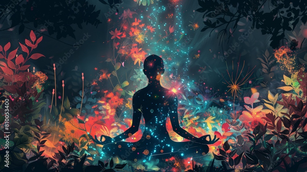 Illustrate a detailed digital artwork of a person in a meditation pose surrounded by elements symbolizing different holistic therapies like acupuncture needles