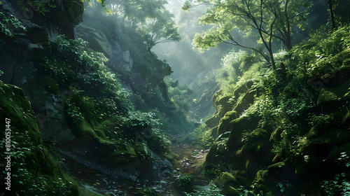 A serene view of a deeply eroded gulley surrounded by lush green vegetation  with sunlight filtering through the trees  creating a mosaic of light and shadow on the rugged terrain