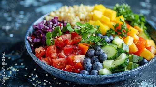 Illustrate a front view of a vibrant, diverse plate filled with colorful fruits, vegetables, and whole grains Enhance with a watercolor technique for a fresh, organic feel