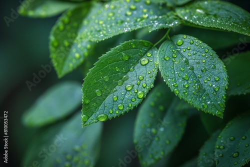 After the rain, bright green leaves glisten with drops of water, creating a picturesque sight
