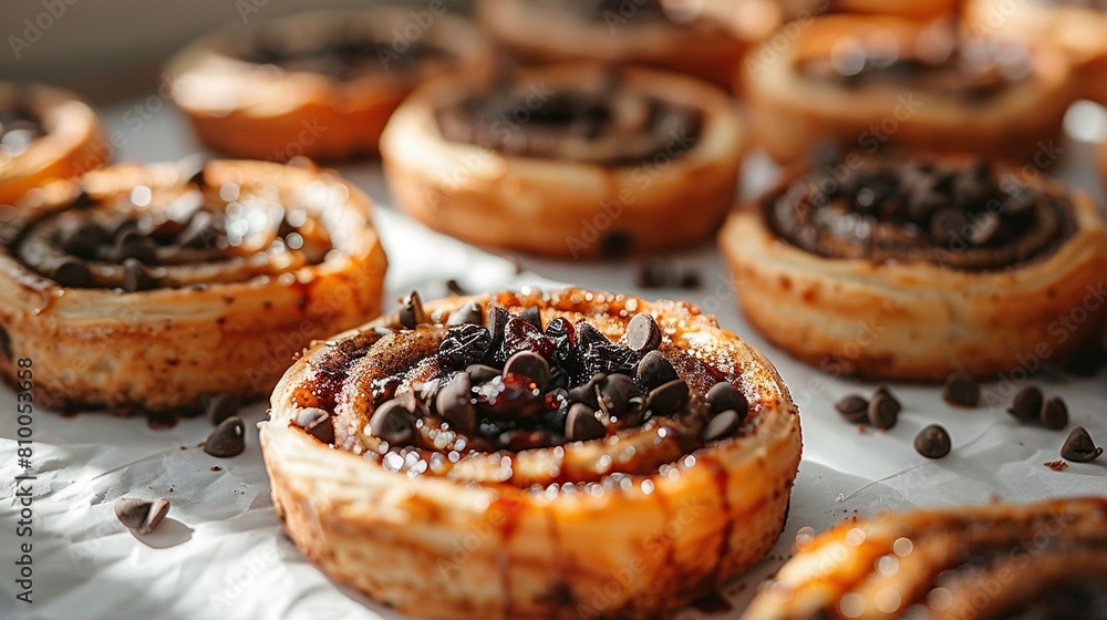 A batch of doughnuts resting on wax paper, sprinkled with chocolate chips A batch of doughnuts resting on wax paper, sprinkled with chocolate chips