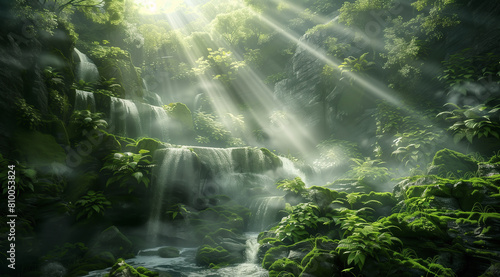 A beautiful fantasy landscape with lush greenery, misty waterfalls and cascading streams, The sun shines through the clouds, creating a dreamlike atmosphere