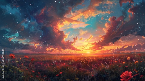 Illustrate a sweeping, digital landscape of a vast, peaceful meadow under a starlit sky, symbolizing mental health journeys vastness and potential in vibrant, photorealistic hues