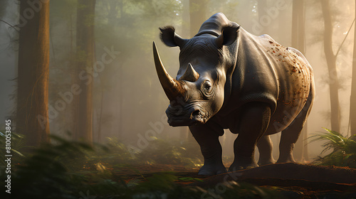 A majestic rhinoceros standing tall in a clearing, its impressive horn a symbol of strength in the jungle. photo