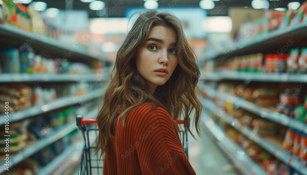 An anxious young woman pushes a shopping cart down a supermarket aisle, focused on shopping and considering product choices. An anxious young woman pushes a shopping cart down a supermarket aisle, focused on shopping and considering product choices.