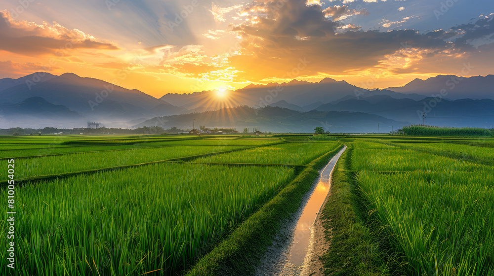 A wide view of green rice fields with the sun setting in the background, creating a beautiful landscape. The golden light casts long shadows over rows of tall grasses and small water canals