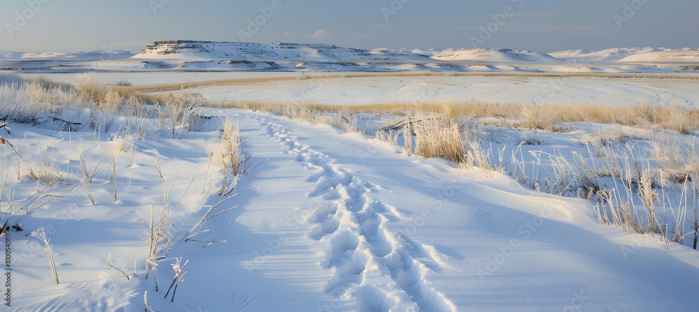 A serene winter scene on the high plains, with a blanket of fresh snow and tracks of wild animals visible