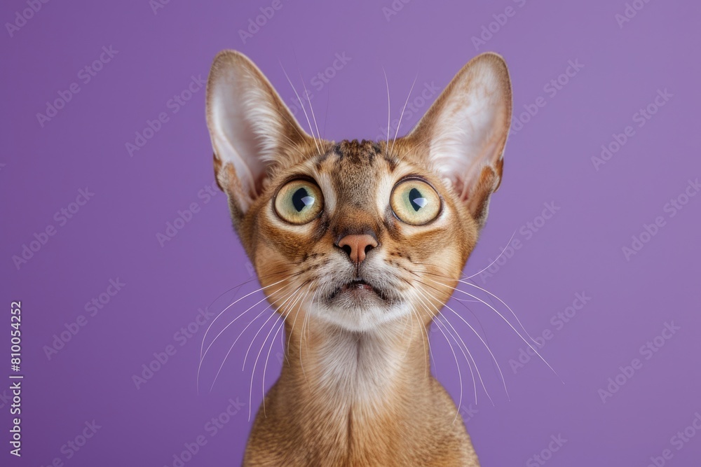Closeup Portrait of Purebred Singapura Cat with Piercing Teeth staring at Camera on a Purple