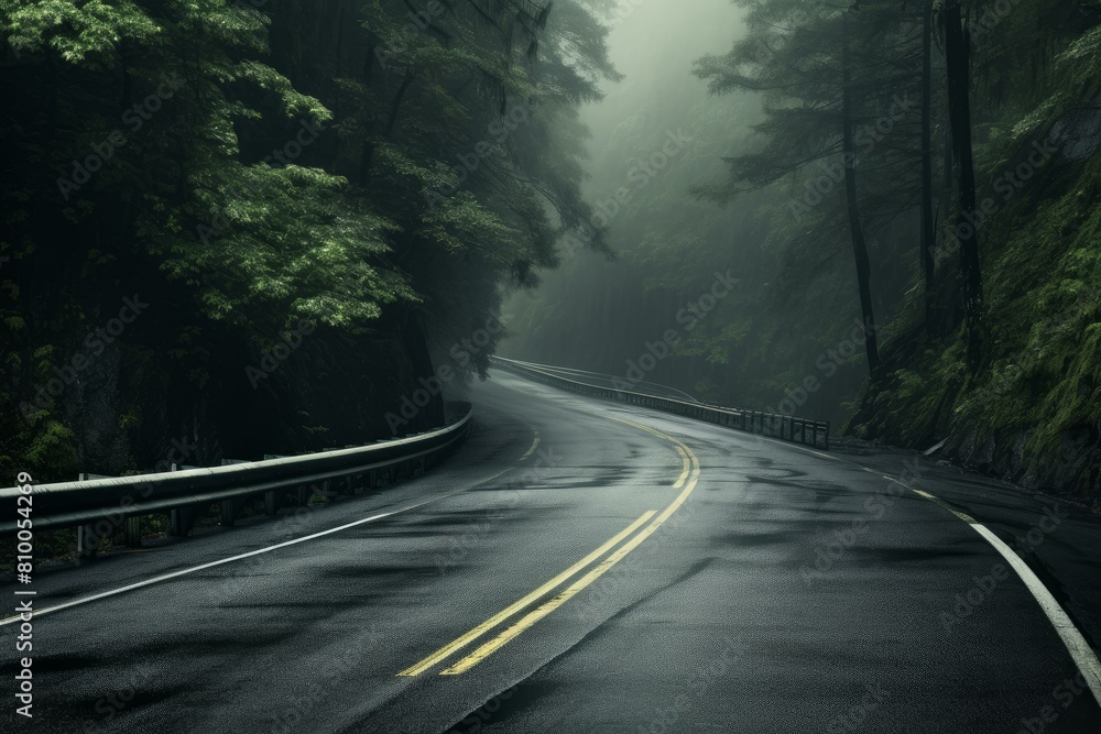 Fototapeta premium Curving road with yellow lines through a misty forest, encapsulating a serene and mysterious journey