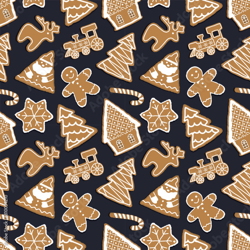 Christmas Pattern. Seamless Print with Gingerbread Cookies. Gingerbread houses, Santa Claus, deer, trees, gingerbread man, train, star. Cute Background. Vector illustration on dark blue background