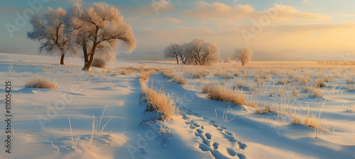 A serene winter scene on the high plains, with a blanket of fresh snow and tracks of wild animals visible © Muhammad