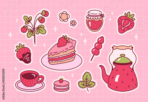 Set of strawberry desserts. Cute sticker pack. Hand drawn vector illustrations.
