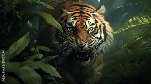 A majestic tiger prowling through the dense jungle foliage. © Moon