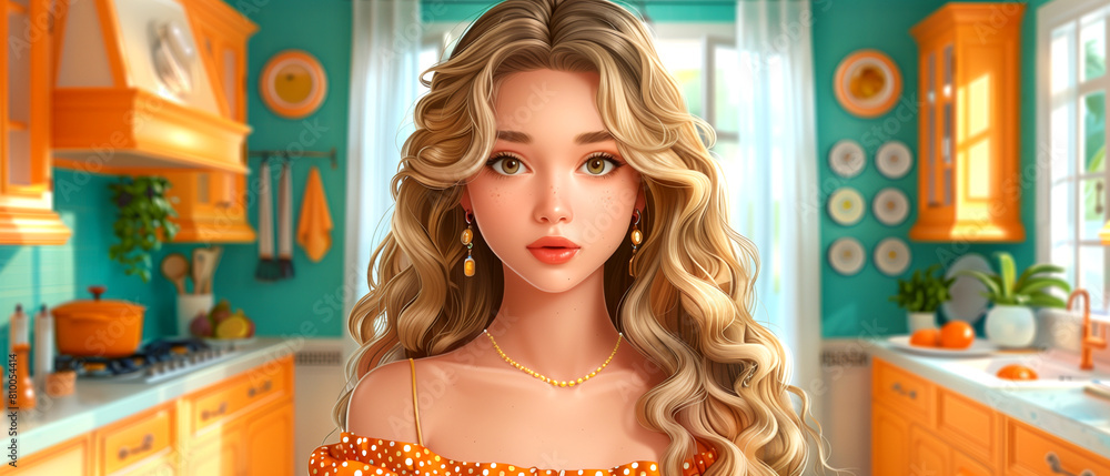Fototapeta premium A woman with long blonde hair is standing in a kitchen