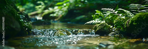 A small, crystal-clear forest stream gently flowing over smooth rocks, surrounded by lush greenery, captured in ultra HD with a focus on water movement