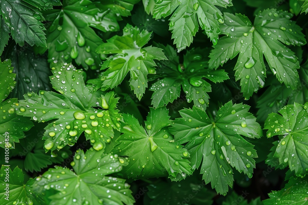 Green leaves with raindrops, fresh garden after the rain Green leaves with raindrops, fresh garden after the rain