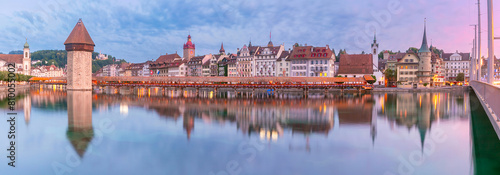 Chapel Bridge, Kapellbrucke over the river Reuss during evening blue hour in Old Town of Lucerne, Switzerland (ID: 810055002)