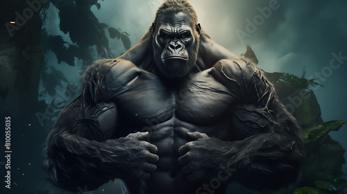 A majestic gorilla pounding its chest, asserting its dominance in the heart of the jungle. photo