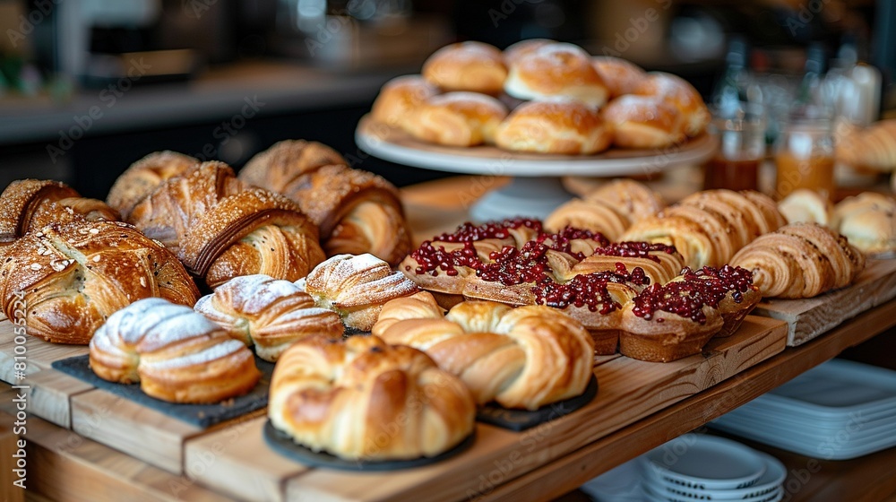 A variety of croissants and pastries are displayed on a wooden platter on a kitchen counter A variety of croissants and pastries are displayed on a wooden platter on a kitchen counter