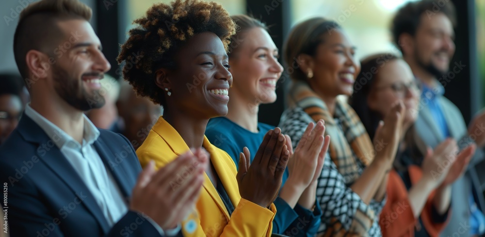 A group of people are clapping and smiling,Corporate Success: Smiling Businesswomen and Men Applauding in Seminar, Reflecting Achievement and Team Unity A group of people are clapping and smiling,Corporate Success: Smiling Businesswomen and Men Applauding in Seminar, Reflecting Achievement and Team Unity