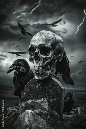 Ravens on Ancient Skull Amidst Stormy Graveyard 