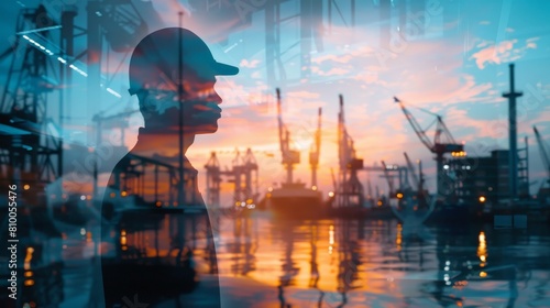 A double exposure image of a construction worker standing in front of a busy shipyard at sunset.