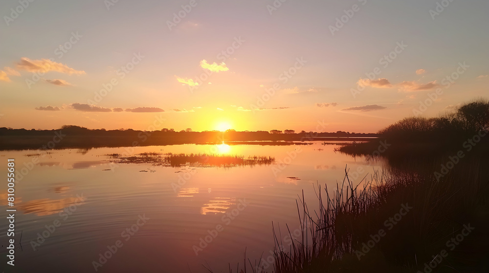 A soft sunset over a lowland creek, the sky painted in shades of orange and pink, reflecting on the calm water surface A soft sunset over a lowland creek, the sky painted in shades of orange and pink, reflecting on the calm water surface