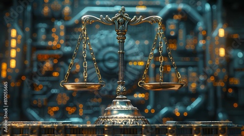Justice with one side representing human judgment and the other side  algorithms, illustrating the delicate balance required in applying the law to artificial intelligence.. photo