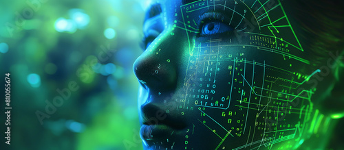 The face of artificial intelligence, A woman's face is lit up with blue lights, giving it a futuristic.
 photo