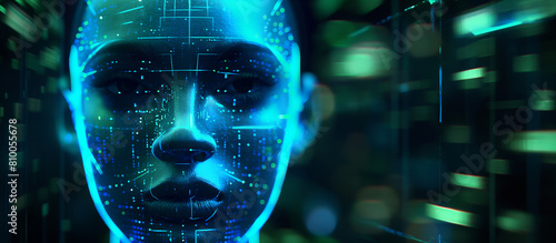 The face of artificial intelligence, A woman's face is lit up with blue lights, giving it a futuristic.
 photo