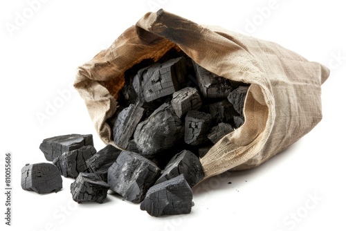 Bag of Charcoal for Perfect Barbecue. Paper Sack Full of Ignition Ready Coal for Bar-B-Q Isolated photo