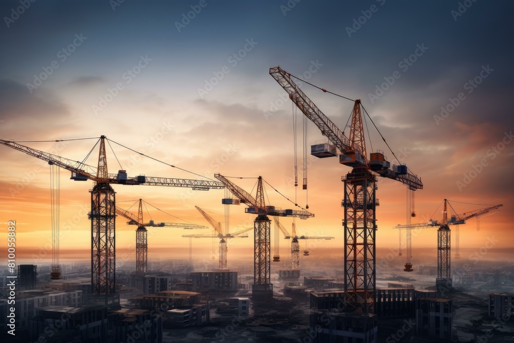 Tower cranes construction. High industrial building equipment machinery. Generate ai Tower cranes construction. High industrial building equipment machinery. Generate ai