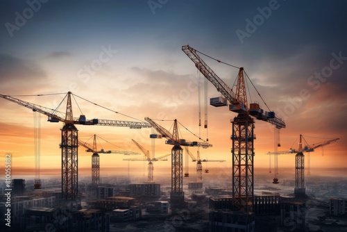 Tower cranes construction. High industrial building equipment machinery. Generate ai