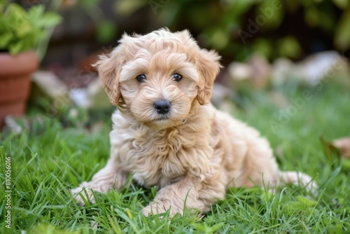 Australian Labradoodle Puppy Playing in the Grass on a Beautiful Yard. A Mix Breed Pet Dog