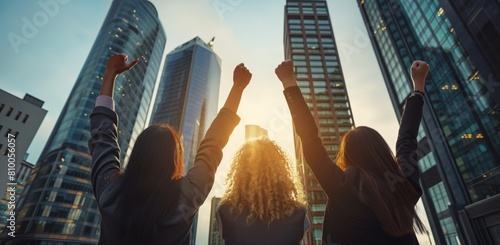 Three women are standing in front of a tall building, all of them are holding their hands up in the air. Scene is celebratory and joyful, as if they have just achieved something great,banner photo